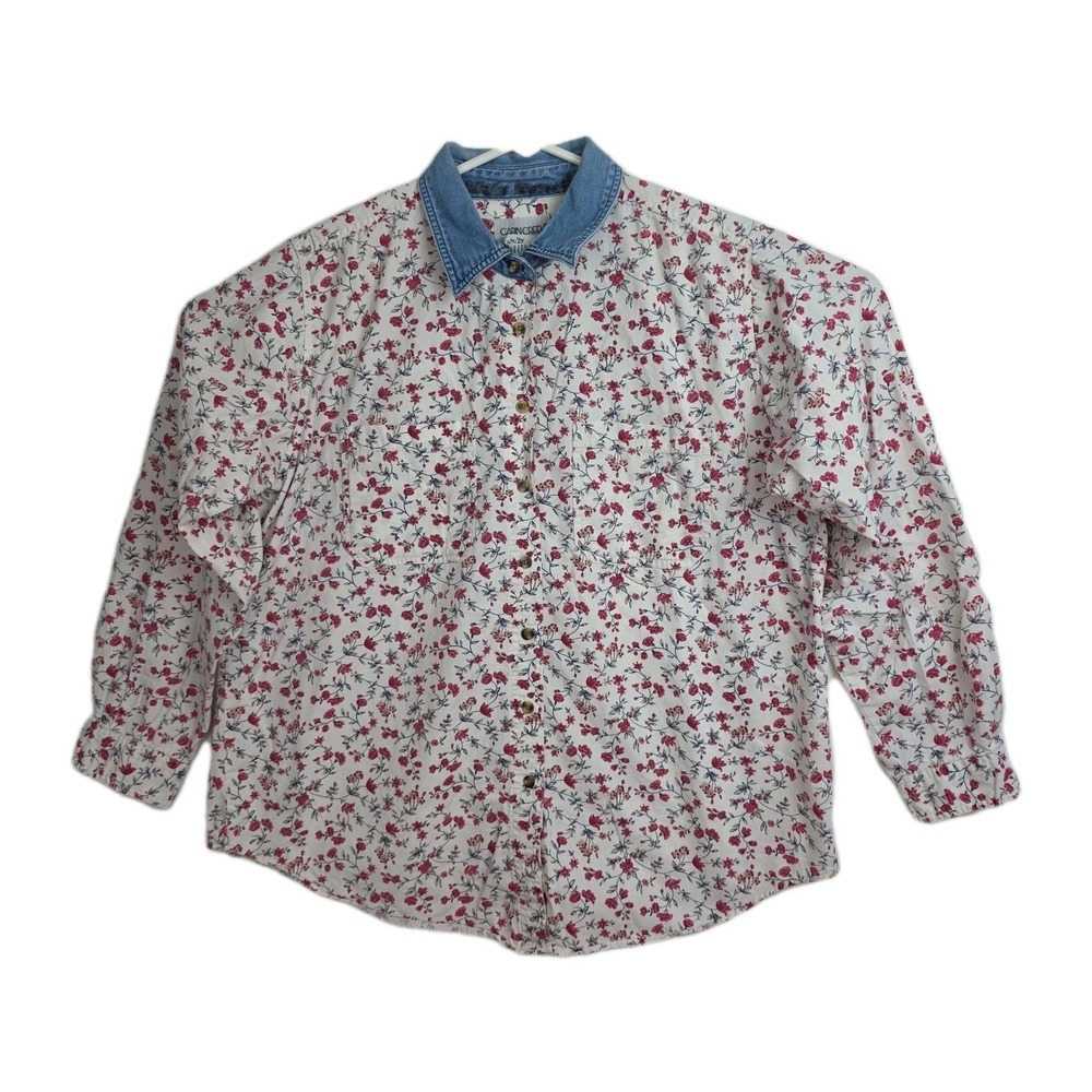 Cabin Creek Button-Up Shirt Women's 18W White w/‎ Pink Flowers, Denim Collar